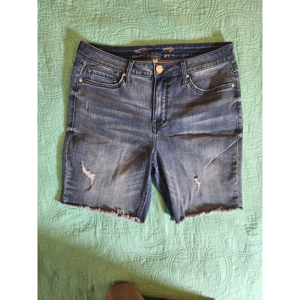 Seven7 Sunset Bermuda Denim Shorts National Blue Distressed Frayed Hem Size‎ 12